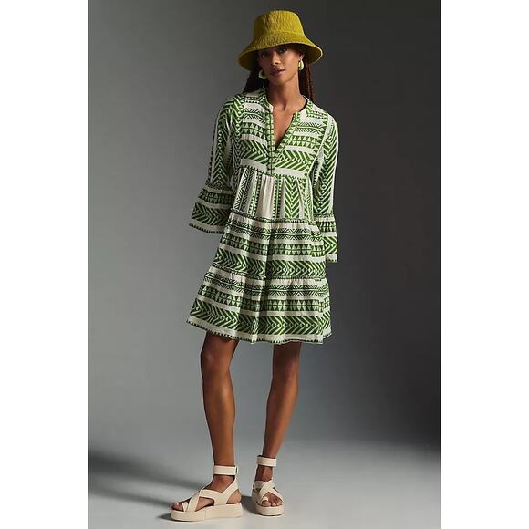 Devotion Twins Ella Cream Olive Embroidered 3/4 Sleeve Boho Coastal Mini Dress - Picture 2 of 14